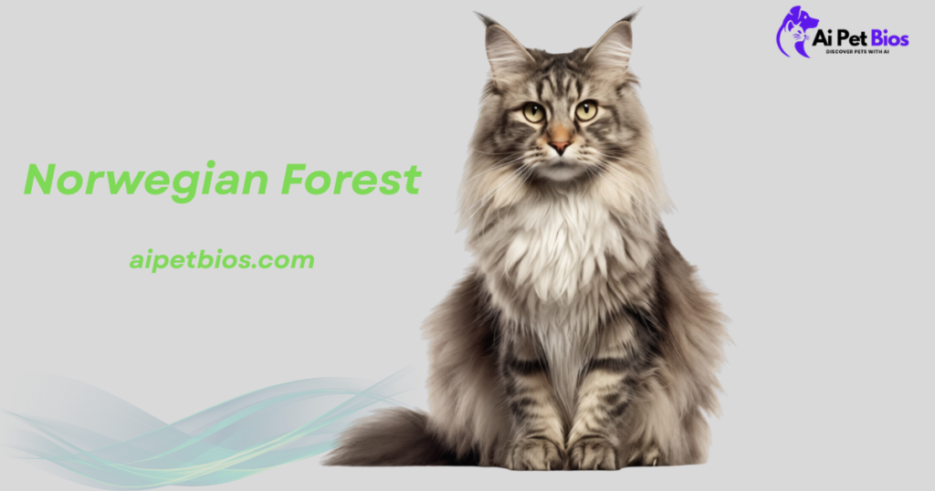 A studio portrait of a long-haired brown tabby Norwegian Forest cat with a prominent lion-like mane. The cat is centered against a plain grey background with a blue wave graphic at the bottom. The image includes the lime green text "Norwegian Forest," "aipetbios.com," and the Ai Pet Bios logo in the top right.