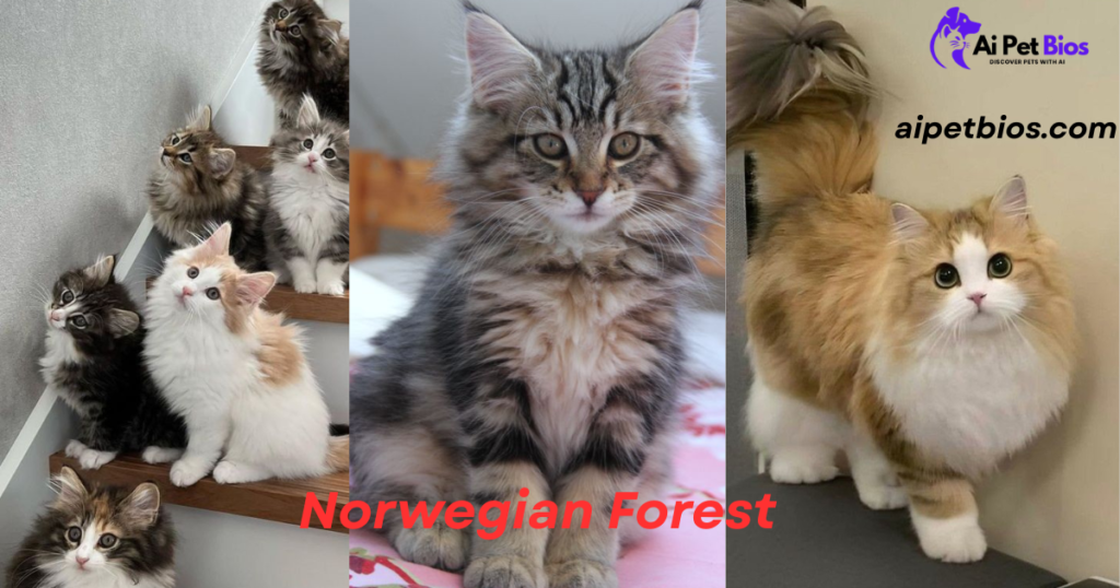 A collage of three panels featuring fluffy kittens:

Left: Five kittens of various colors—tabby, calico, and white—huddle together on wooden stairs looking upward.

Center: A close-up of a grey and brown tabby kitten sitting on a pink floral surface with the red text "Norwegian Forest" at the bottom.

Right: A fluffy orange and white kitten stands looking at the camera. The top right corner includes the Ai Pet Bios logo and the text "aipetbios.com."