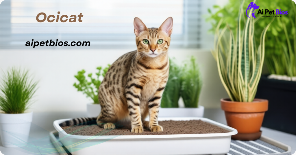 An Ocicat sitting in a white litter box filled with brown litter, with several green potted plants in the background.
