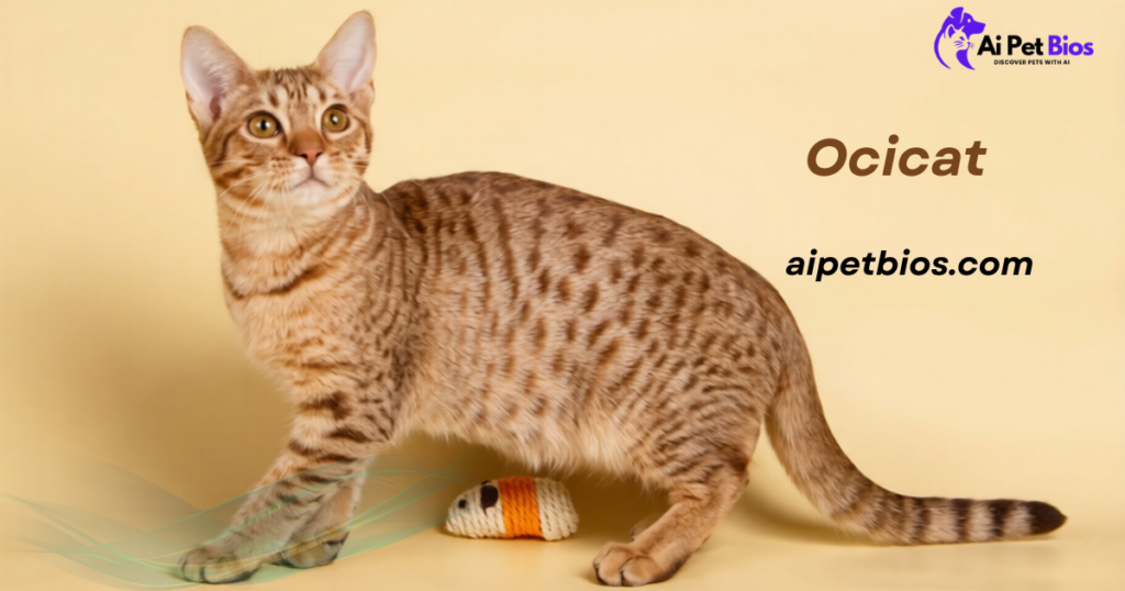 A graceful Ocicat with a distinctive spotted coat and striped tail walking past a small toy mouse against a solid pale yellow background.