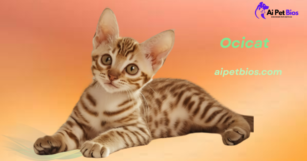 A close-up of a young Ocicat kitten with large ears and clear spotted markings lying down against a warm orange gradient background.