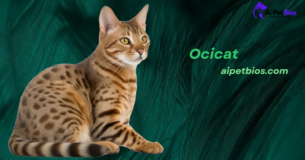 A profile view of a muscular Ocicat showing off its tawny spotted coat and wild appearance against a dark green textured background.