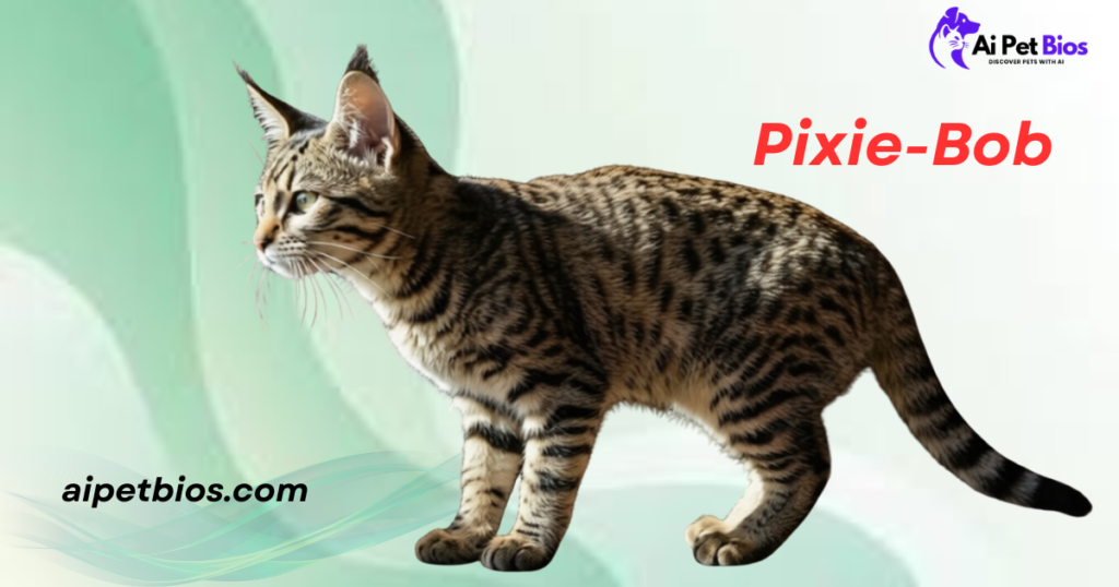 A profile view of a spotted Pixie-Bob cat against a green abstract background. Text: "Pixie-Bob", "Ai Pet Bios", and "aipetbios.com".