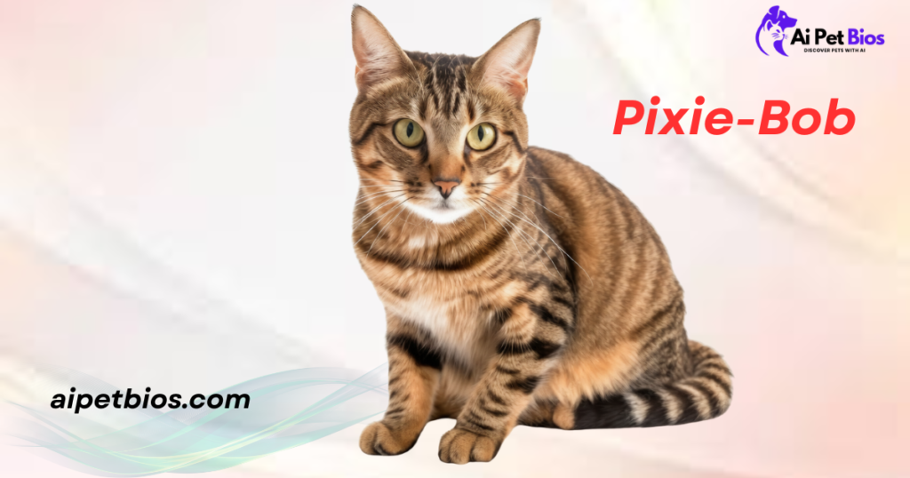 A sitting Pixie-Bob cat with tabby markings on a white and soft pink background. Text: "Pixie-Bob", "Ai Pet Bios", and "aipetbios.com".