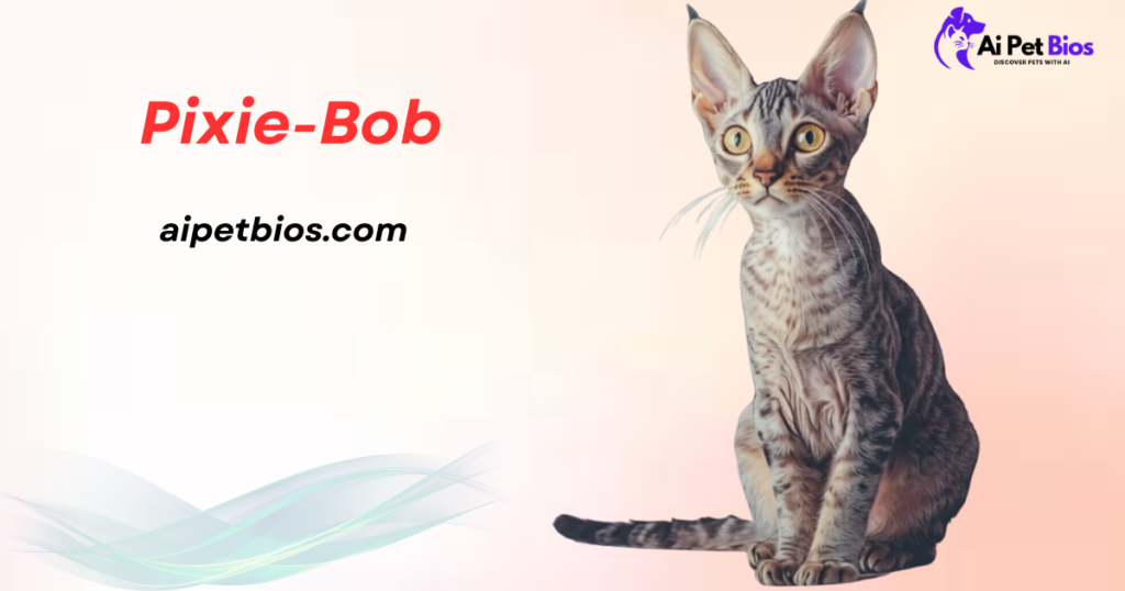 A slender, spotted Pixie-Bob cat with large, tufted ears sitting and looking upward against a light peach background. Text includes "Pixie-Bob", "Ai Pet Bios", and "aipetbios.com".