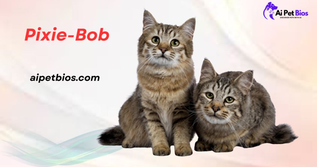 Two fluffy Pixie-Bob cats with thick tabby coats sitting together against a soft gradient background. Text includes "Pixie-Bob," "Ai Pet Bios," and "aipetbios.com."