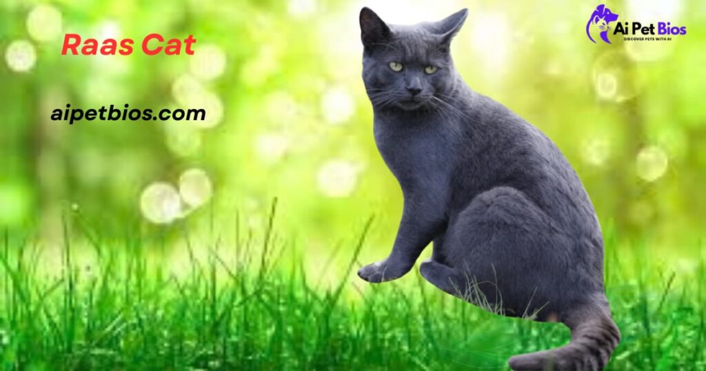 A grey Raas cat with green eyes sits in green grass. Text: 'Raas Cat' and 'aipetbios.com' with 'Ai Pet Bios' logo.