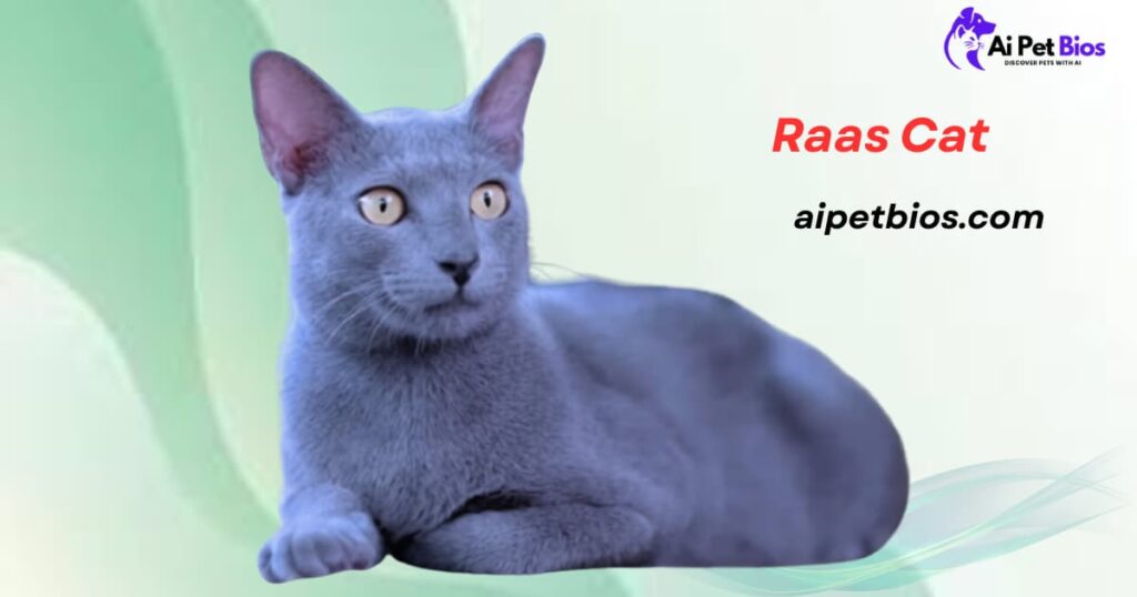 Elegant grey Raas cat lying down against a soft green background. Text: 'Raas Cat', 'aipetbios.com', and 'Ai Pet Bios' logo.