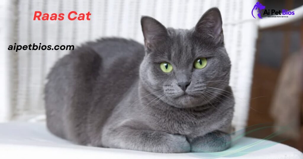 Gorgeous adult grey Raas cat with vibrant green eyes resting on a white wicker chair. Text: 'Raas Cat', 'aipetbios.com', and 'Ai Pet Bios' logo.