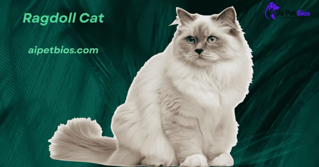 A fluffy, light-colored Ragdoll cat with blue eyes sitting against a dark green textured background. Text on the left reads "Ragdoll Cat" and "aipetbios.com," with a purple "Ai Pet Bios" logo in the top right.