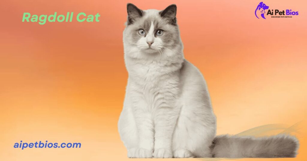 An elegant, light-colored Ragdoll cat with grey facial markings and blue eyes sitting upright against an orange-to-yellow gradient background. Green text in the top left reads "Ragdoll Cat", blue text in the bottom left reads "aipetbios.com", and a purple "Ai Pet Bios" logo is in the top right.