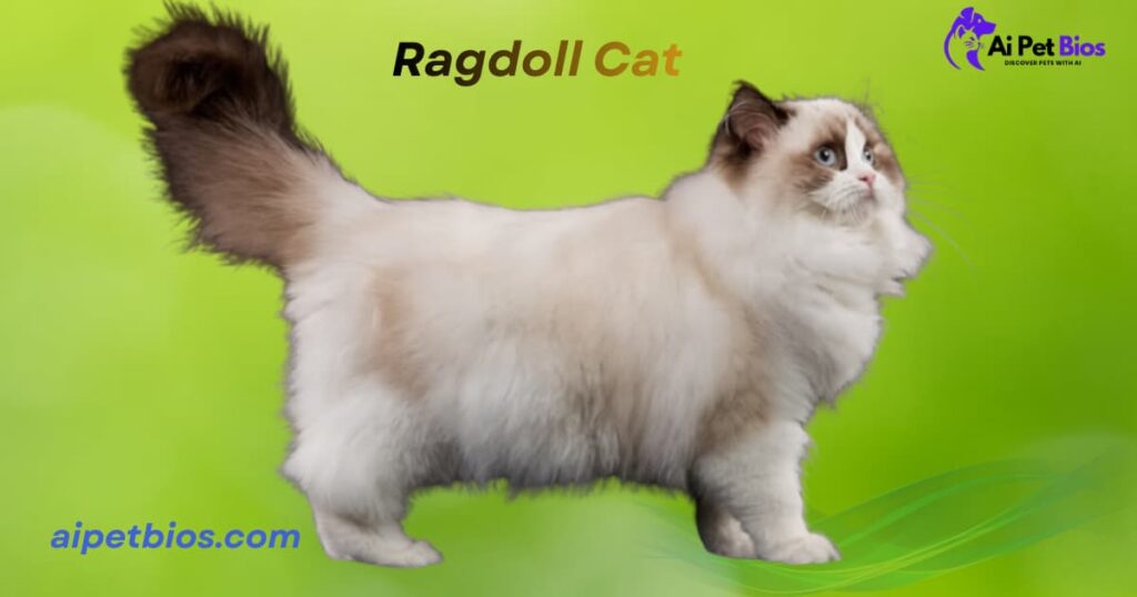 A fluffy bicolor Ragdoll cat with a dark bushy tail standing against a vibrant lime green background. The image features the text "Ragdoll Cat" in the top center, "aipetbios.com" in the bottom left, and a purple "Ai Pet Bios" logo in the top right.