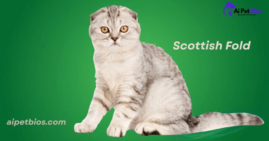 A silver-tabby Scottish Fold cat with folded ears and amber eyes on a green background. Text: Scottish Fold, aipetbios.com.