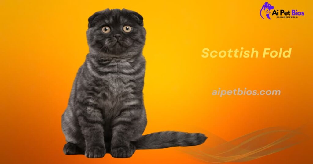 A dark charcoal-grey tabby Scottish Fold cat with folded ears on an orange background. Text: Scottish Fold, aipetbios.com.