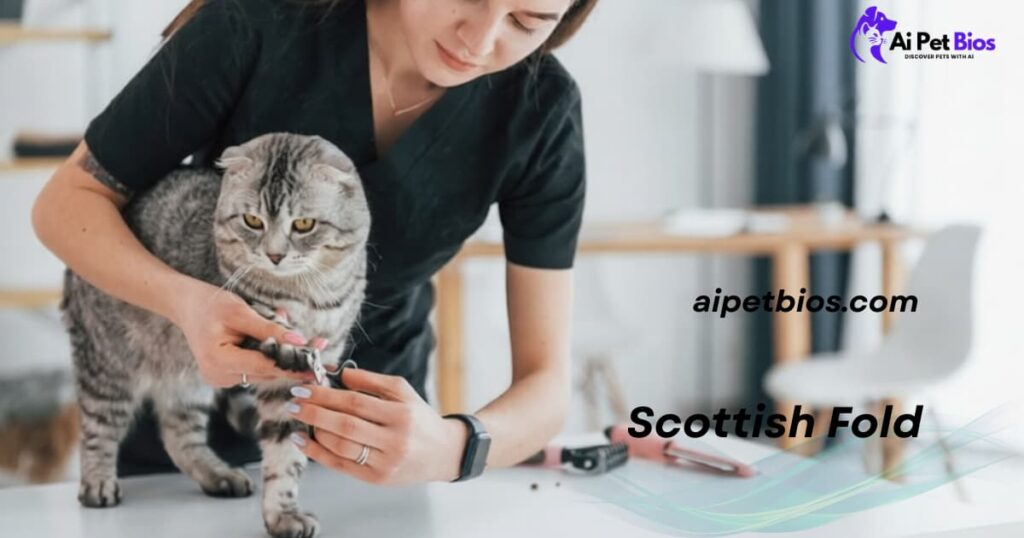 A person in black scrubs trimming the claws of a silver-tabby Scottish Fold cat. Text: Scottish Fold, aipetbios.com.