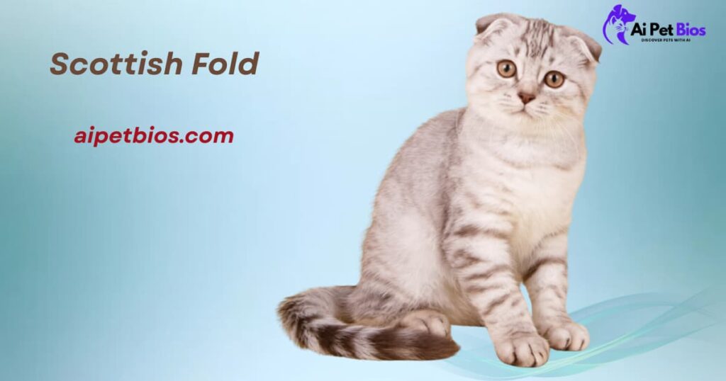 A silver-tabby Scottish Fold cat with folded ears and copper eyes sitting against a light blue background. Text: Scottish Fold, aipetbios.com.