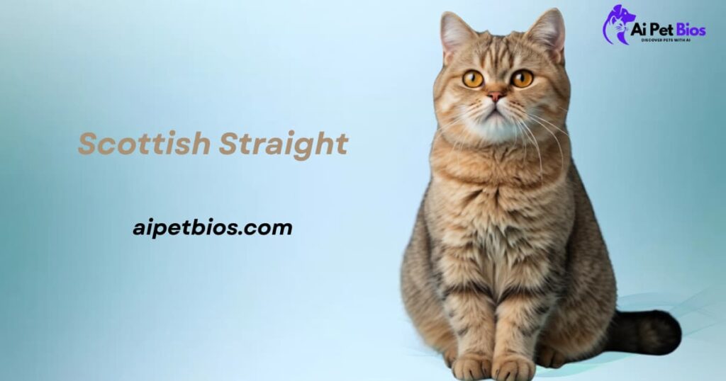 A golden-shaded tabby Scottish Straight cat with vibrant amber eyes sits upright against a light blue background. The image includes the text "Scottish Straight", "Ai Pet Bios", and "aipetbios.com".
