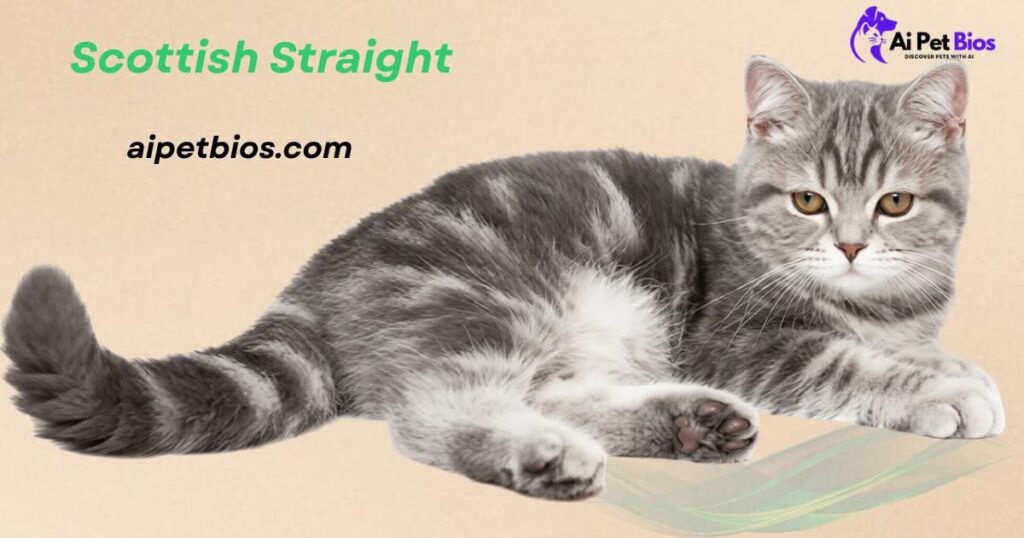 A grey and white tabby Scottish Straight cat with amber eyes lies down against a beige background. The image includes the text "Scottish Straight", "Ai Pet Bios", and "aipetbios.com".