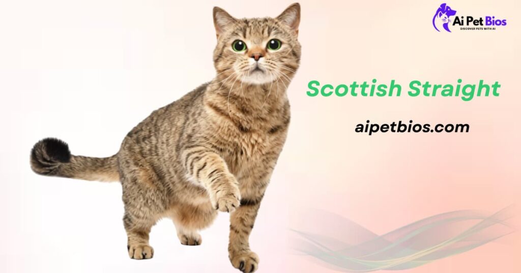 A brown tabby Scottish Straight cat with green eyes stands with one paw raised against a soft pink and white gradient background. Text includes "Scottish Straight", "Ai Pet Bios", and "aipetbios.com".