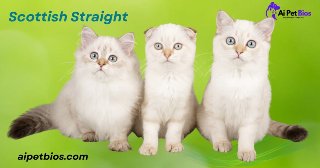Three light-colored Scottish kittens with blue eyes sit against a bright green background. The kitten in the middle has folded ears, while the others have straight ears. Text reads "Scottish Straight", "Ai Pet Bios", and "aipetbios.com".