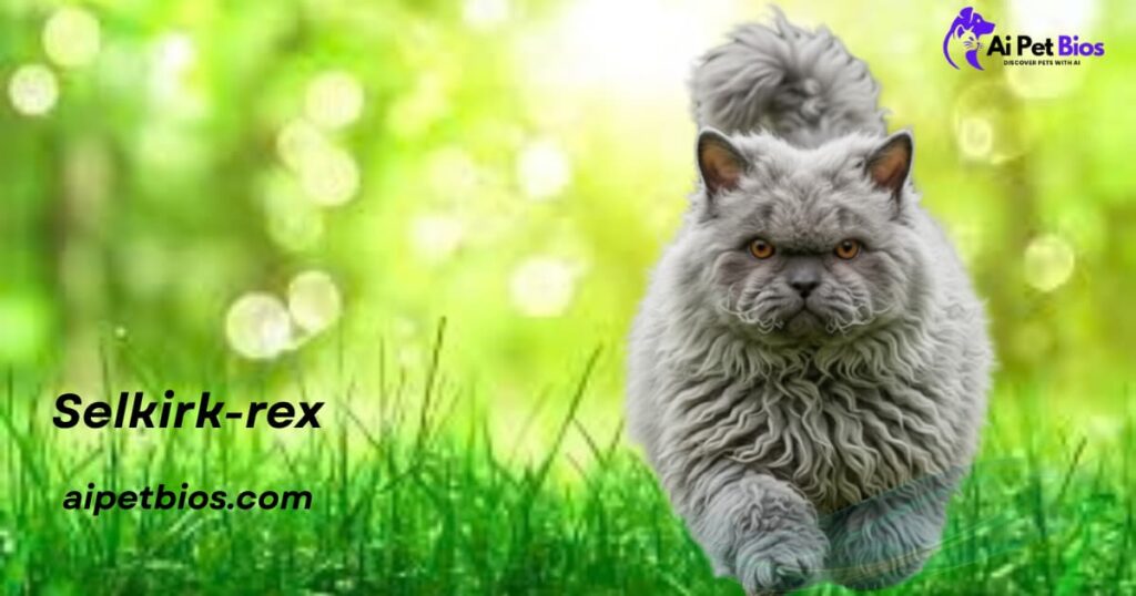 A grey, curly-furred Selkirk Rex cat walking through green grass with a blurred, sunny background. Text: "Selkirk-rex" and "aipetbios.com" with a logo for "Ai Pet Bios" in the top right.