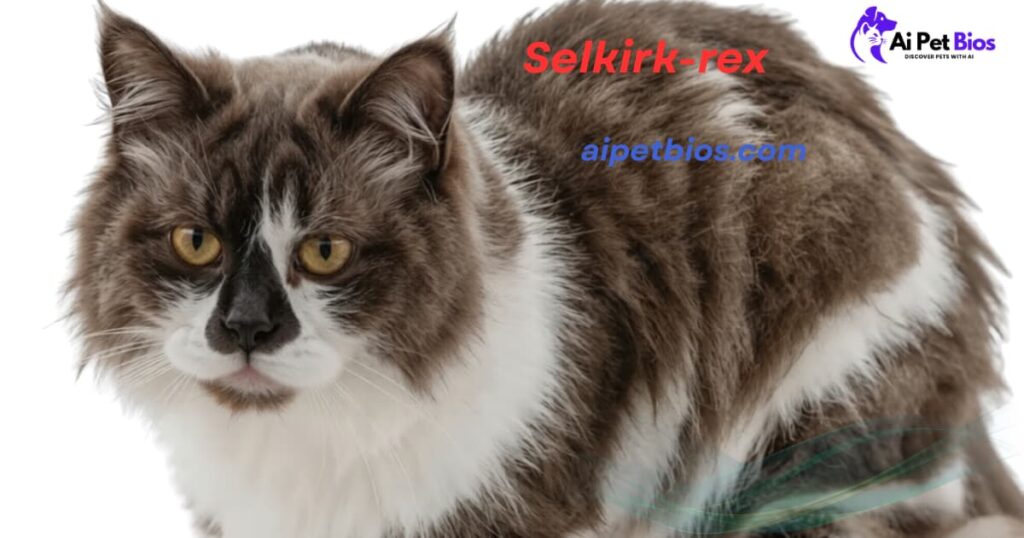 A bi-color brown and white Selkirk Rex cat with curly fur and yellow eyes against a white background. Text: "Selkirk-rex", "aipetbios.com", and "Ai Pet Bios" logo.