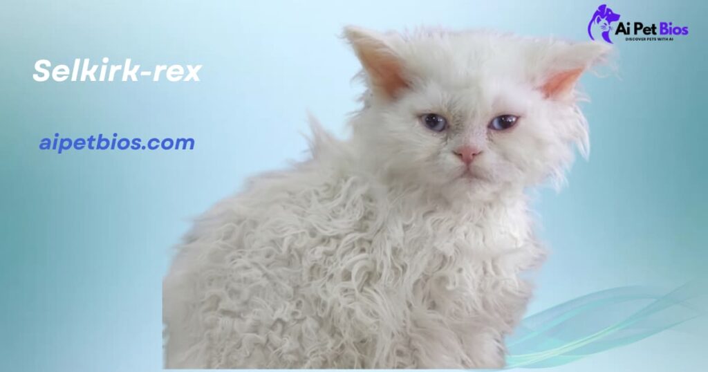 A white, fluffy Selkirk Rex kitten with curly fur and blue eyes against a light blue background. Text: "Selkirk-rex", "aipetbios.com", and "Ai Pet Bios" logo in the top right.