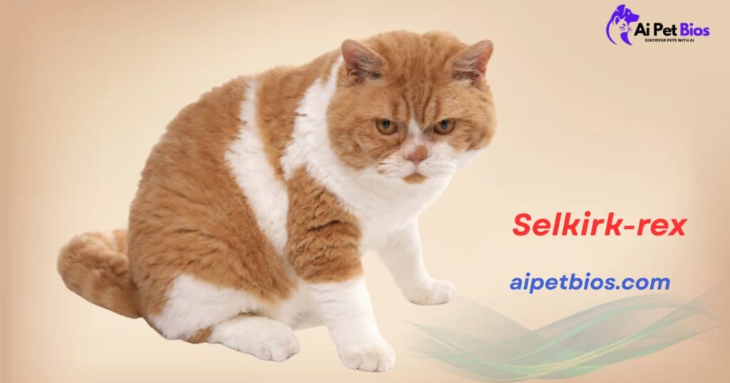 An orange and white Selkirk Rex cat with dense, curly fur and amber eyes sitting against a warm beige background. Text includes "Selkirk-rex", "aipetbios.com", and the "Ai Pet Bios" logo in the top right.