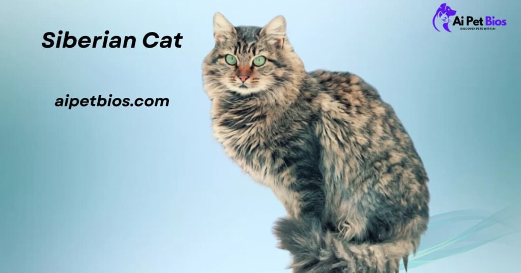 "A fluffy Siberian cat with green eyes and a thick grey and brown tabby coat, standing against a blue background."