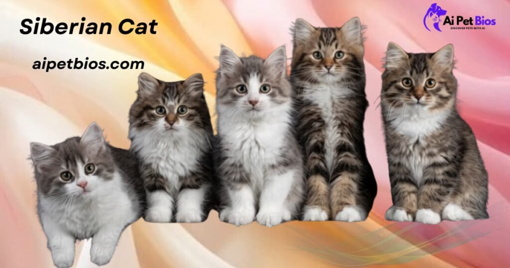 A group of five fluffy Siberian cat kittens with various tabby and white coat patterns sitting in a row against a colorful warm background."