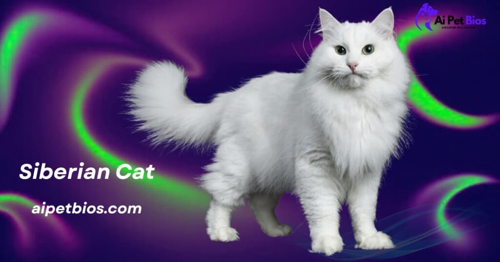 "A stunning all-white Siberian cat with a thick, fluffy coat and green eyes standing against a vibrant purple and green northern lights background."