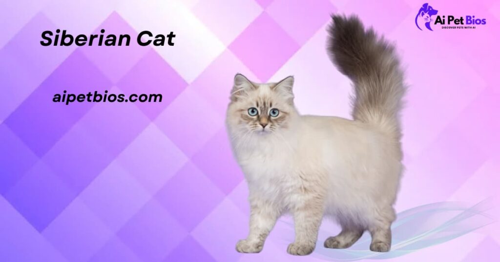 A fluffy Siberian cat with light cream fur, blue eyes, and a long dark grey tail standing against a purple geometric background."