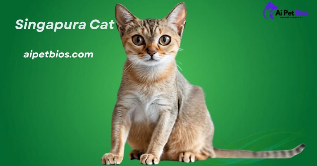 A Singapura cat with large ears and almond-shaped eyes sits against a green background. Text: "Singapura Cat aipetbios.com."