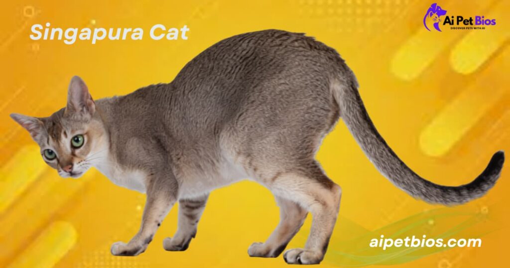 A Singapura cat with sepia-toned fur in a prowling stance on a yellow background. Text: "Singapura Cat aipetbios.com."