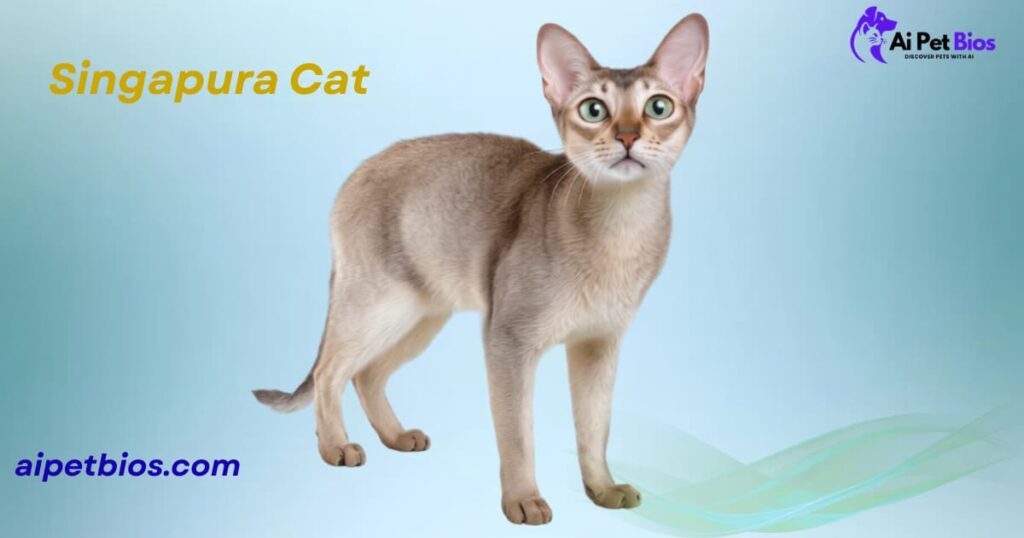 An elegant Singapura cat standing on a light blue background. Text: "Singapura Cat aipetbios.com."