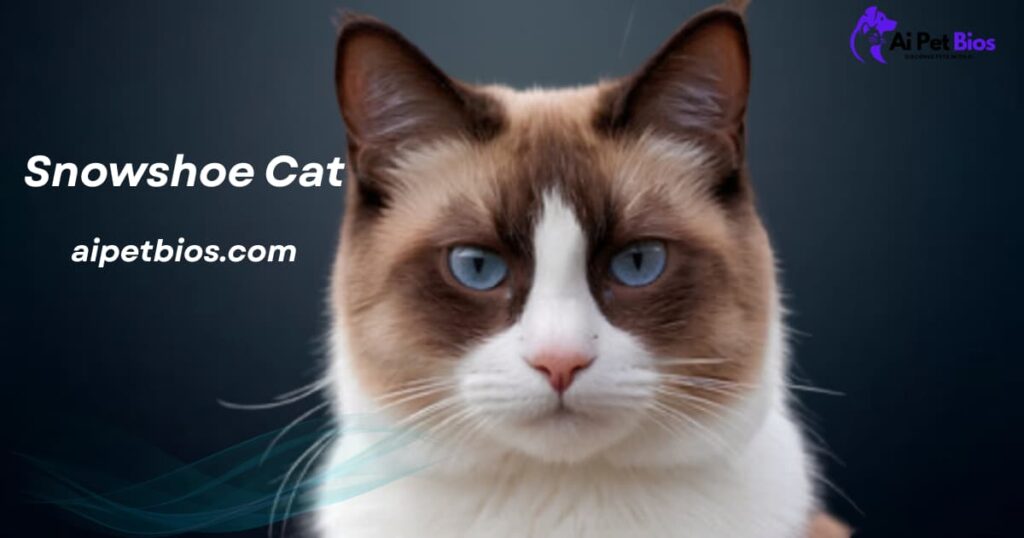 Close-up of a Snowshoe cat with striking blue eyes and a white V-shaped facial marking. Text: "Snowshoe Cat aipetbios.com."