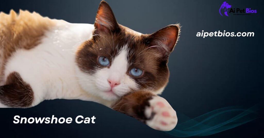 A Snowshoe cat with blue eyes rests its head on its paw against a dark background. Text: "Snowshoe Cat aipetbios.com."