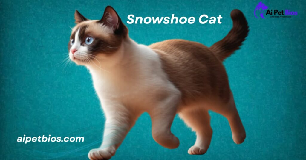 Full-body profile of an elegant Snowshoe cat walking against a teal background. Text: "Snowshoe Cat aipetbios.com."
