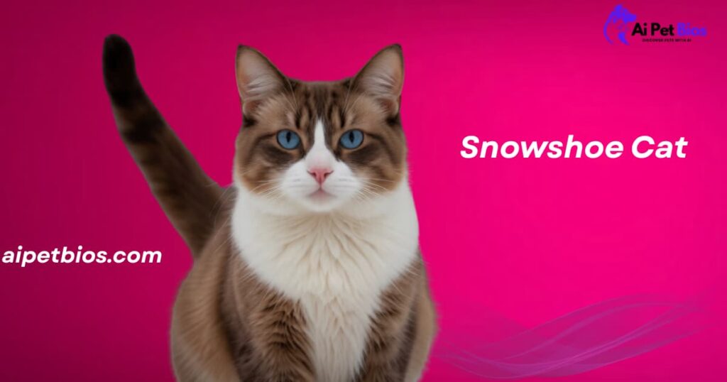 Portrait of an adult Snowshoe cat with blue eyes and white chest against a vibrant pink background. Text: "Snowshoe Cat aipetbios.com".