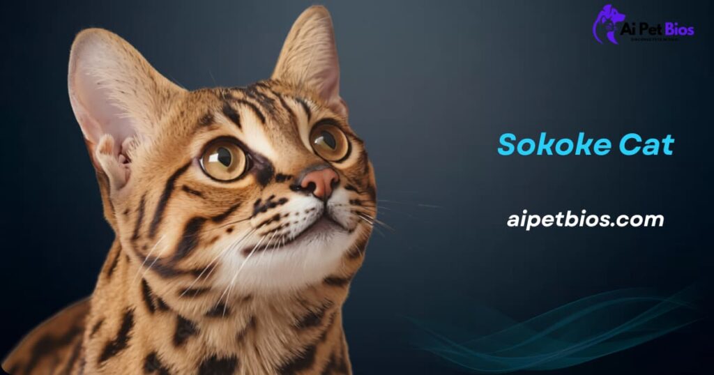 A close-up of a Sokoke cat with large amber eyes looking upward against a dark blue background. Text reads "Sokoke Cat" and "aipetbios.com" with a logo in the top right.