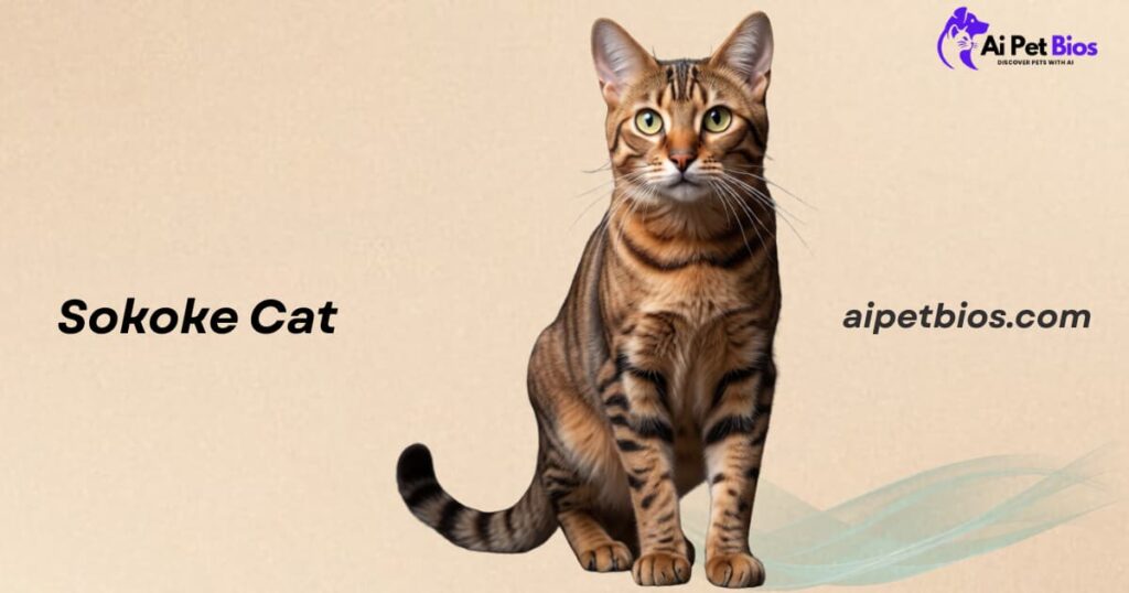 A marbled-pattern Sokoke cat sitting on a tan background. Text: "Sokoke Cat," "Ai Pet Bios," and "aipetbios.com."