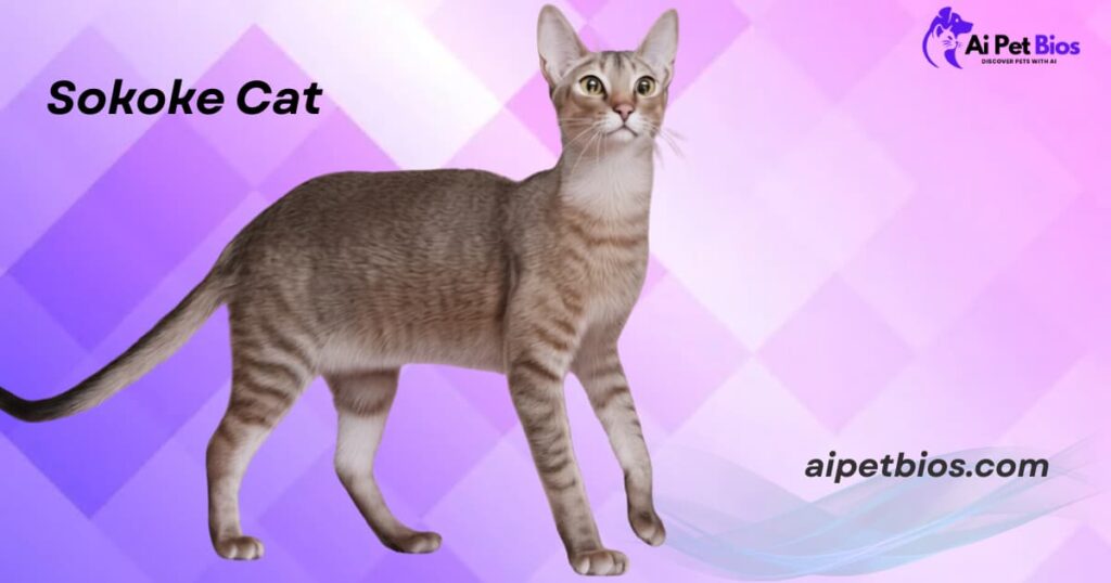 Slender Sokoke cat standing on a purple geometric background. Text: "Sokoke Cat", "Ai Pet Bios", and "aipetbios.com".