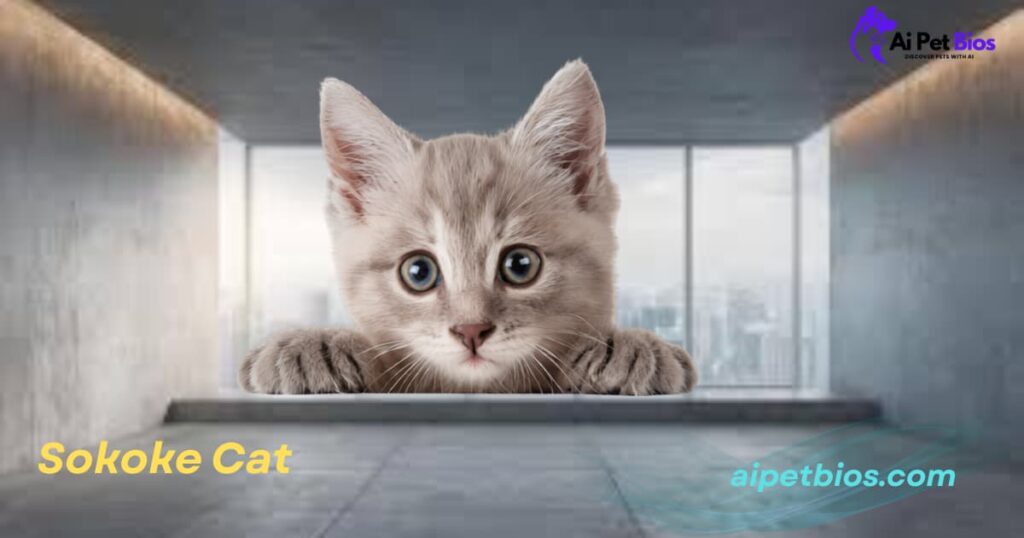 A close-up of a Sokoke kitten peering over a ledge in a modern room. Text: "Sokoke Cat" and "aipetbios.com"
