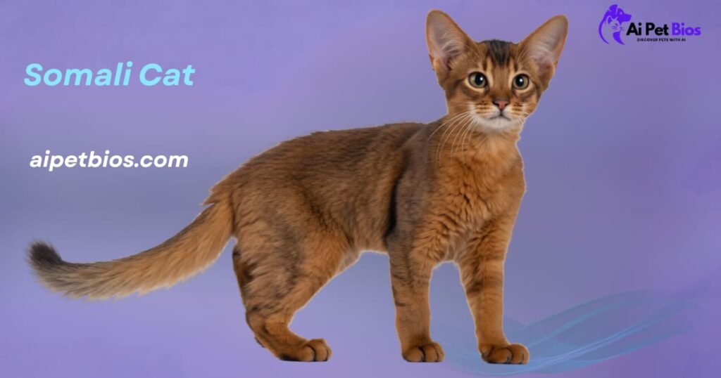A slender, camel-colored Somali cat stands alert against a purple background. Text reads "Somali Cat" and "aipetbios.com" with an "Ai Pet Bios" logo in the top right corner.
