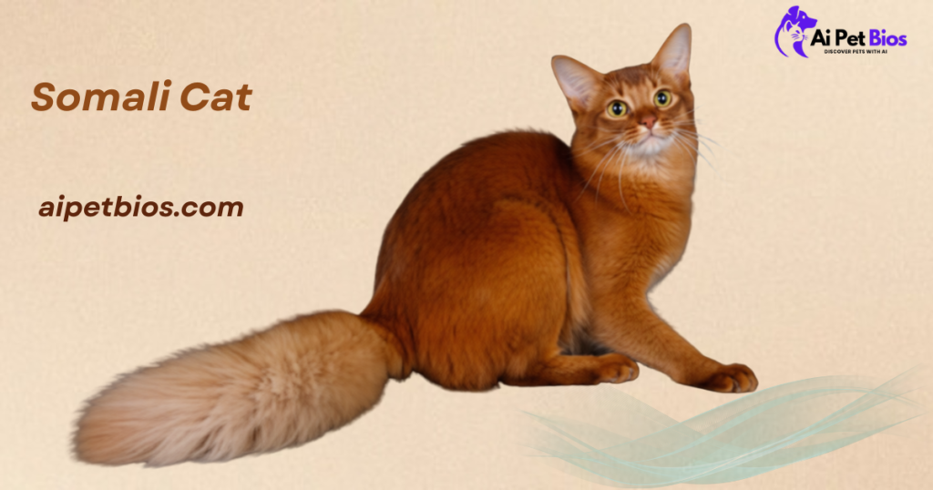 A camel-colored Somali cat with a large bushy tail sits on a tan background. Text includes "Somali Cat," "aipetbios.com," and the "Ai Pet Bios" logo.