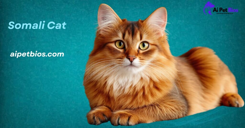 A long-haired, ruddy Somali cat with golden eyes and a bushy tail sits against a teal background. The text reads "Somali Cat" and "aipetbios.com" with an "Ai Pet Bios" logo in the corner.