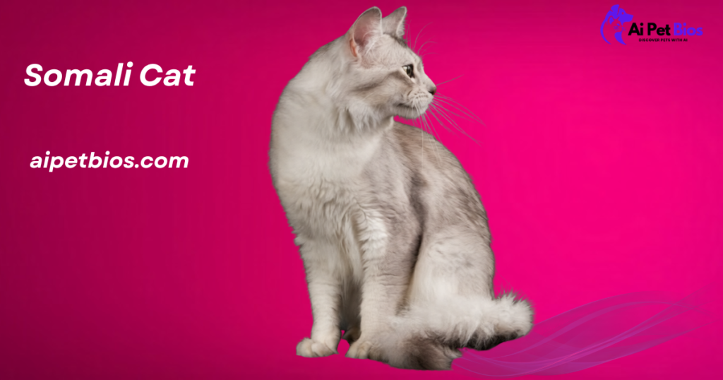 A silver-grey Somali cat sitting and looking to the side against a vibrant pink background. Text includes "Somali Cat," "aipetbios.com," and an "Ai Pet Bios" logo.