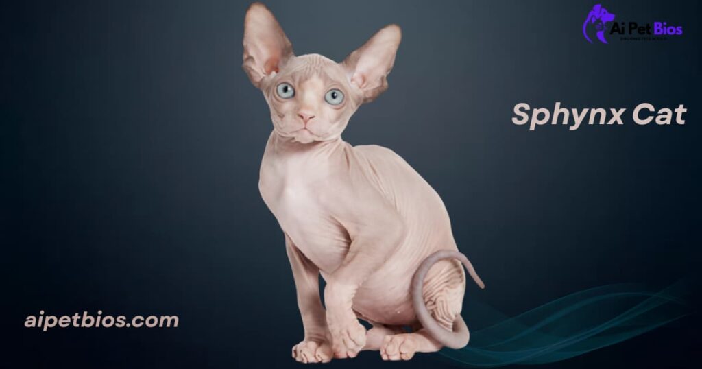 A hairless Sphynx kitten with large blue eyes sits against a dark charcoal background. The image includes the text "Ai Pet Bios," "aipetbios.com," and "Sphynx Cat."