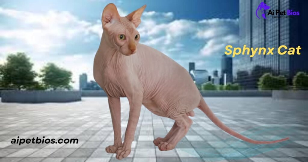 A hairless Sphynx cat stands on a paved outdoor terrace with a blurred city skyline and blue sky in the background. The image contains the text "Ai Pet Bios," "aipetbios.com," and "Sphynx Cat."