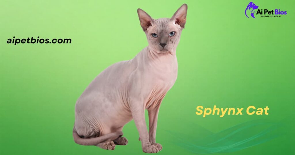 A hairless Sphynx cat sits elegantly against a bright green gradient background. The image includes the text "Ai Pet Bios," "aipetbios.com," and "Sphynx Cat."